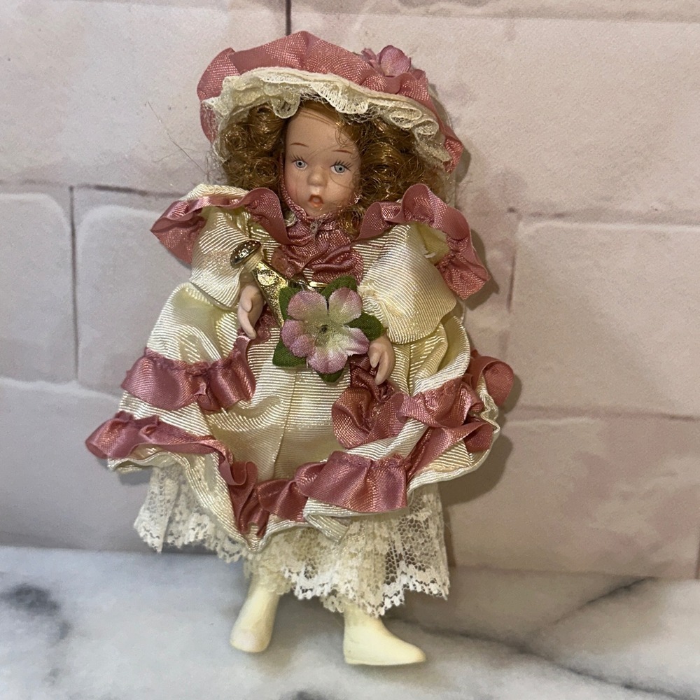 Vintage Porcelain Bisque Doll Ornament Victorian Style Pink Cream Lace Ruffles